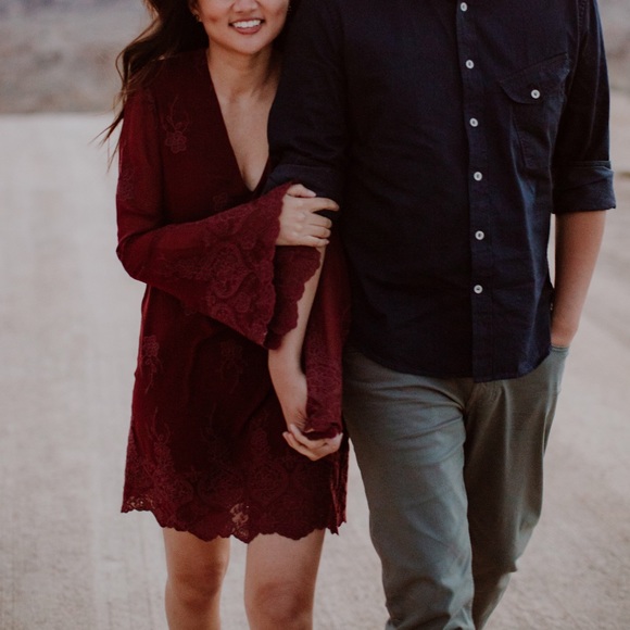 Wayf Burgundy Long Sleeve Short Dress with V neck - Picture 1 of 4